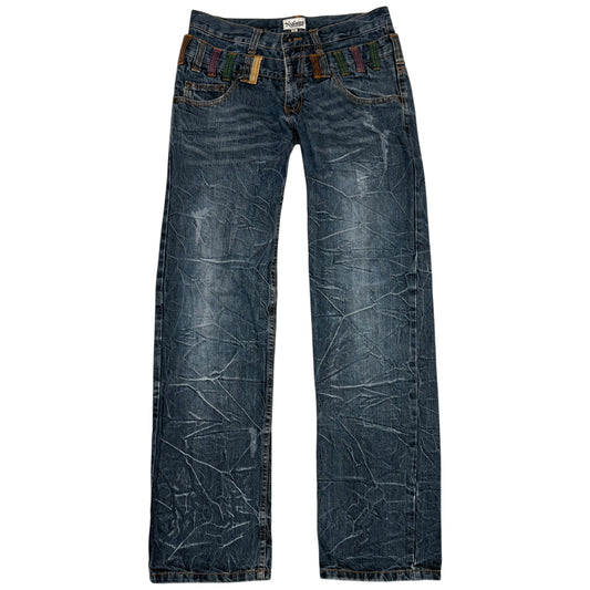 Japanese brand double waist honeycomb wash streaked denim jeans w/ multicolour belt loops