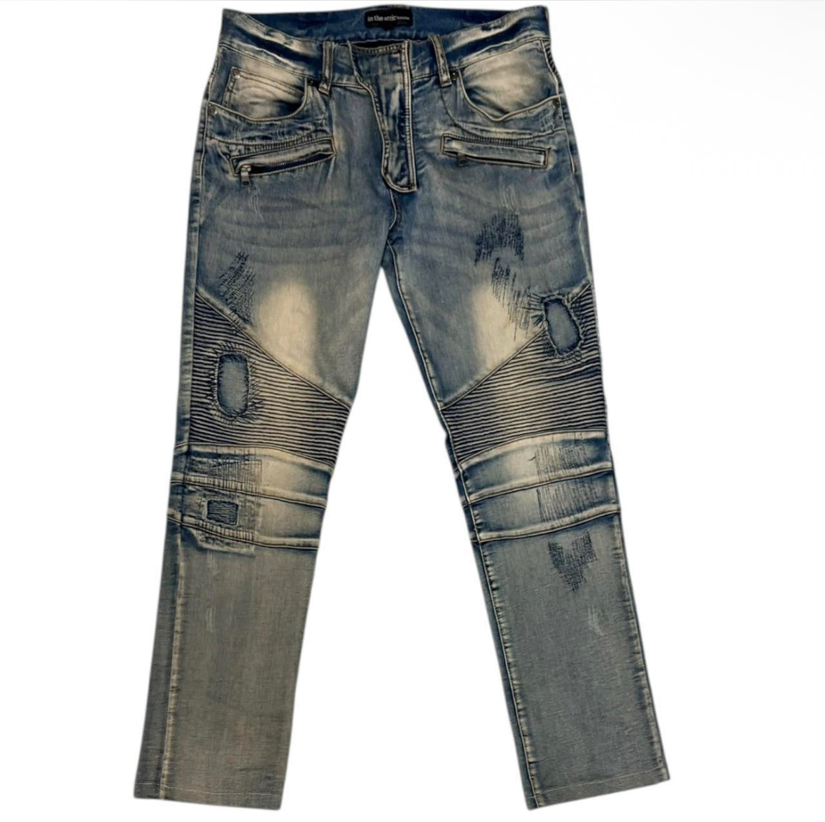 In The Attic blue biker denim detailed lightweight jeans