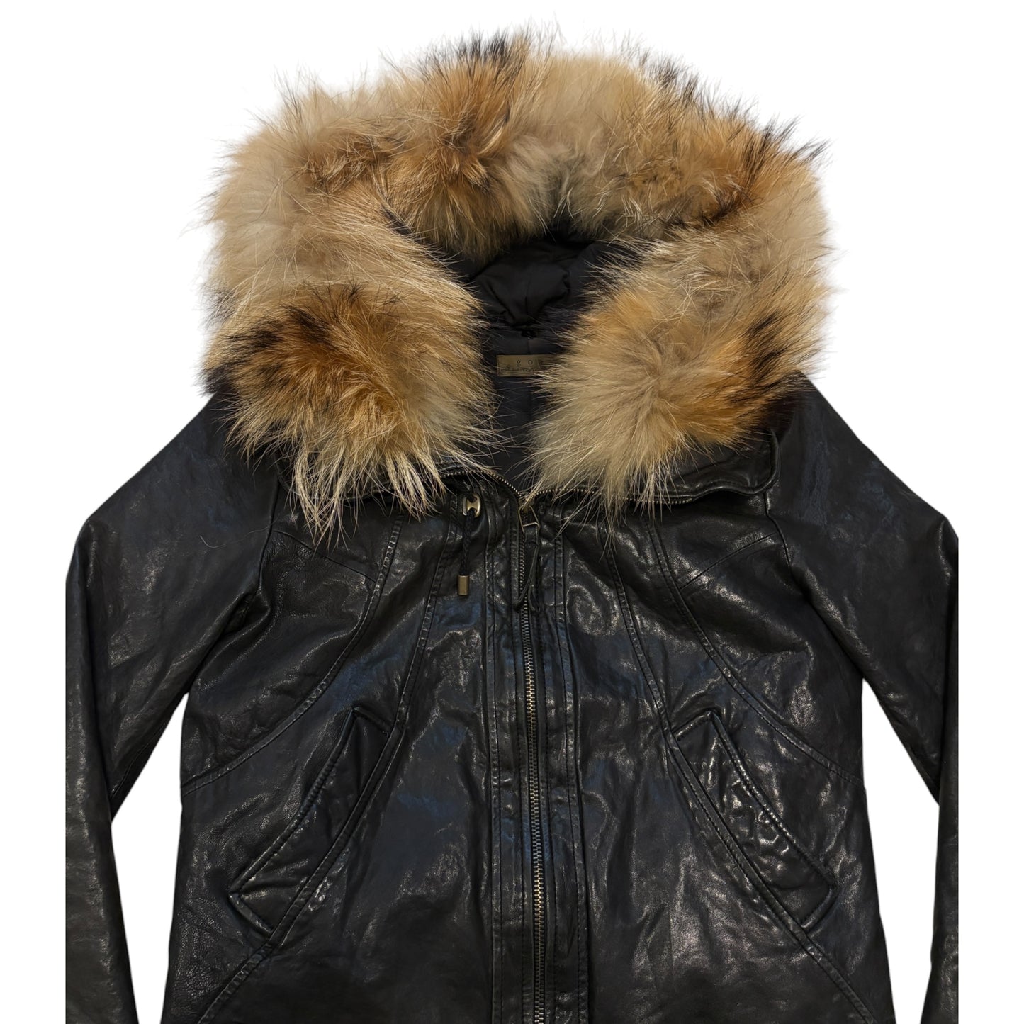 Goa black lambskin leather flight jacket w/ raccoon fur hood