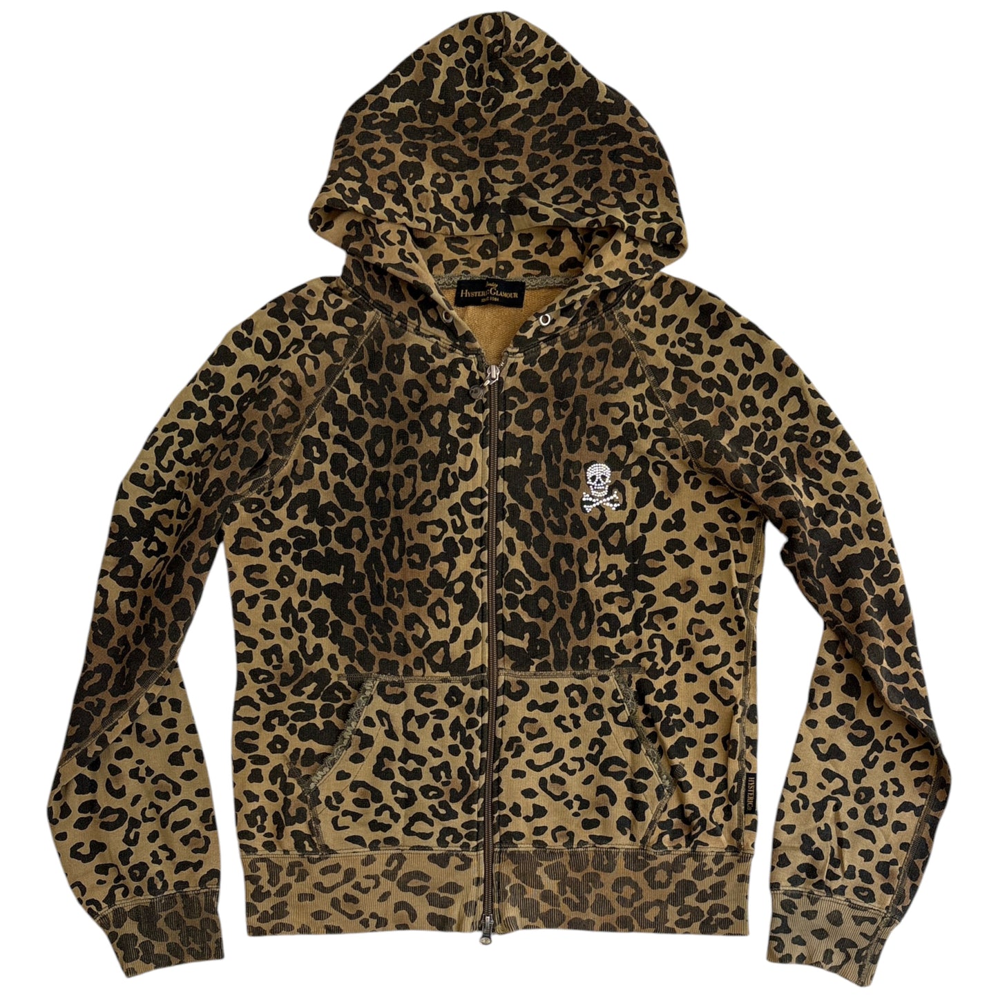 Hysteric Glamour leopard print rhinestone skull zip hoodie