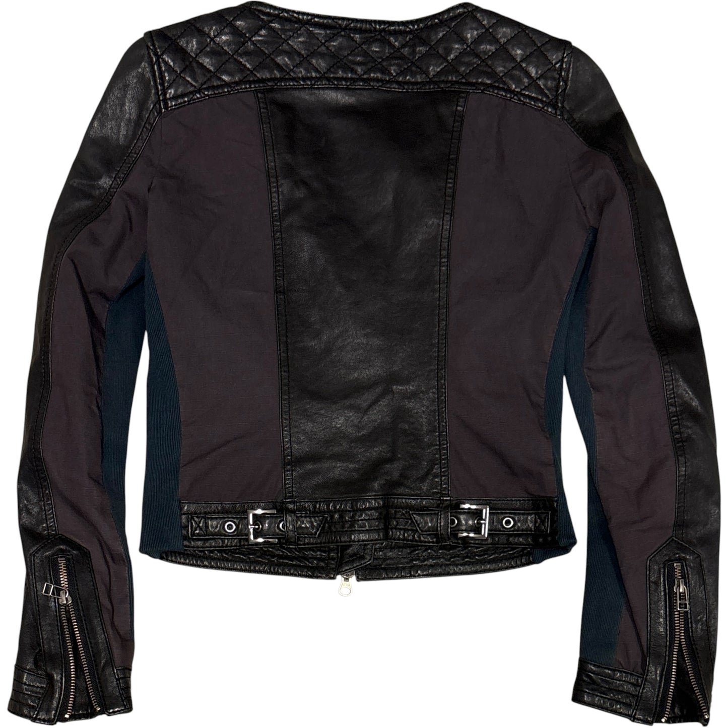 5351 Pour Les Femmes asymmetric cotton ribbed black purple teal lambskin leather jacket