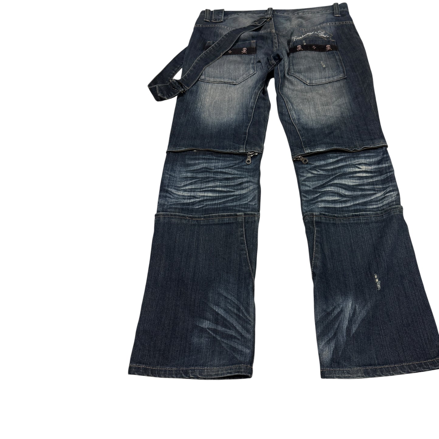 PPFM harness strap multizip embroided whiskered denim jeans