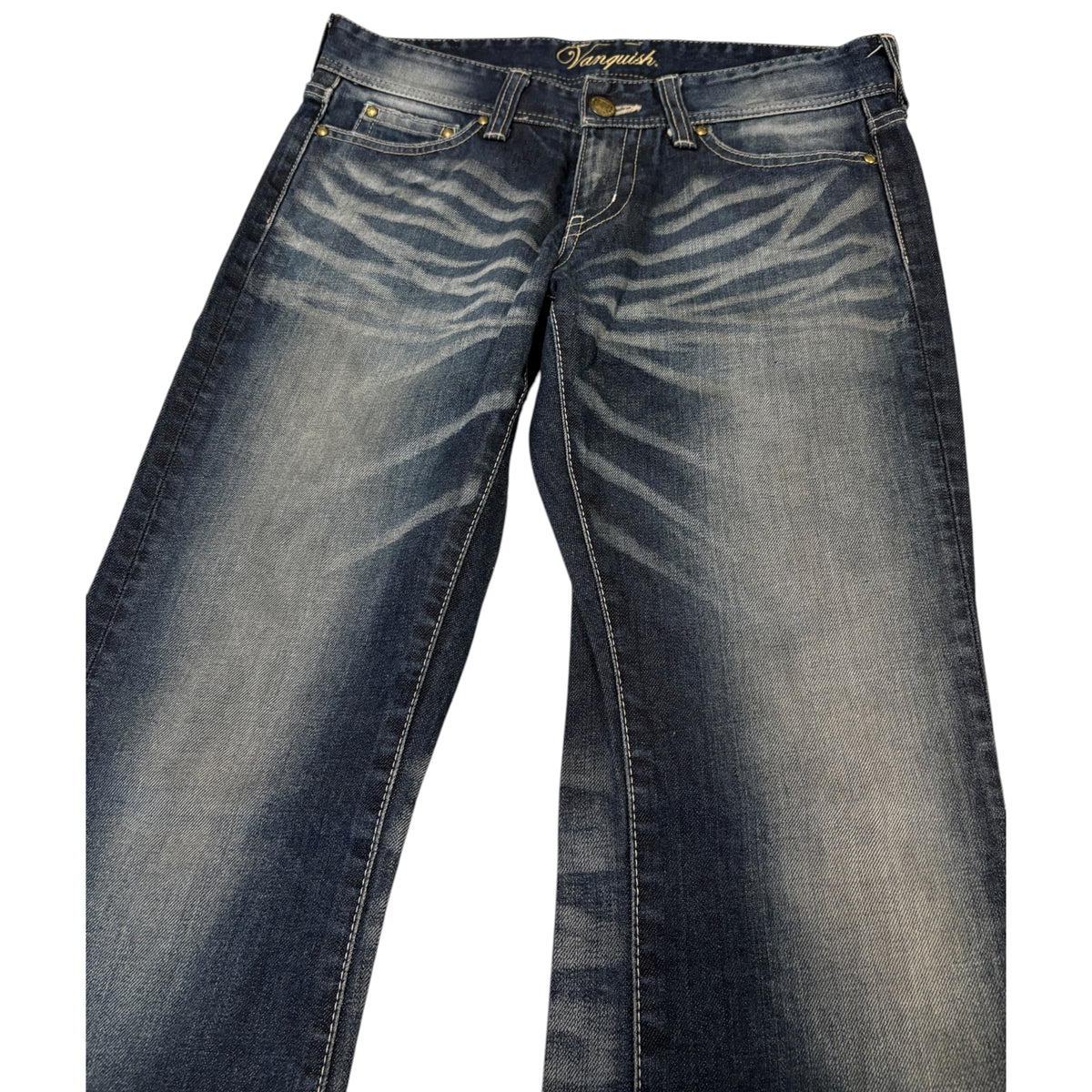 Japanese brand blue whiskered gradient wash bootcut denim jeans