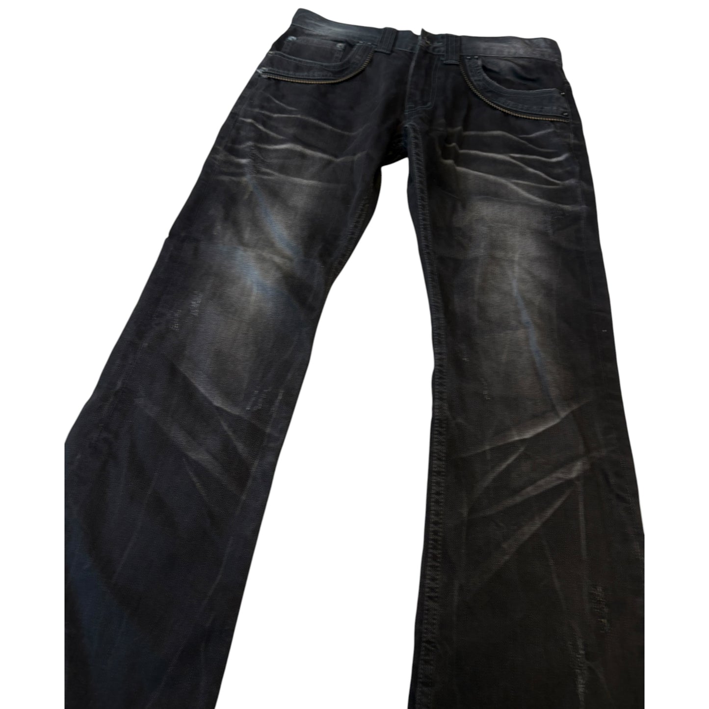 Semantic Design metal skull belt streaked whiskered denim jeans
