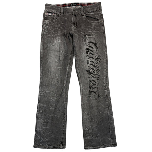 Japanese brand grey whiskered fade wash denim jeans