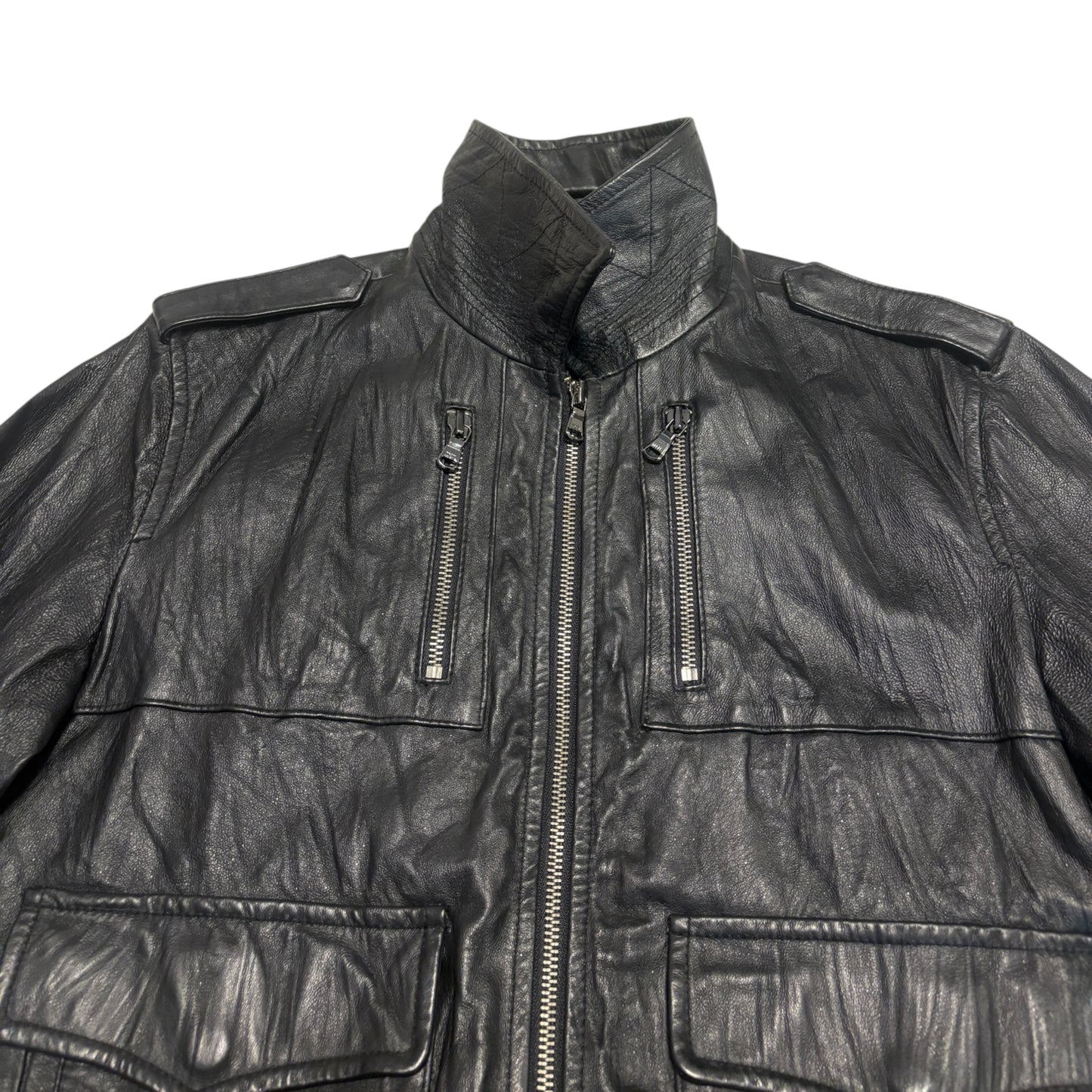 Vanquish multipocket leather jacket with fleece ends