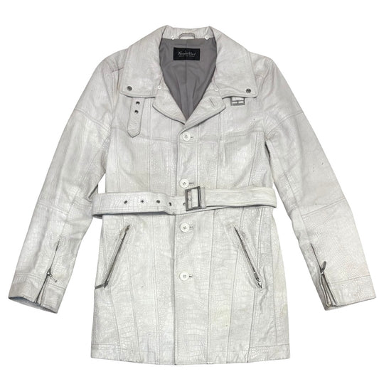 Tornado Mart embossed alligator print white lambskin leather trench coat