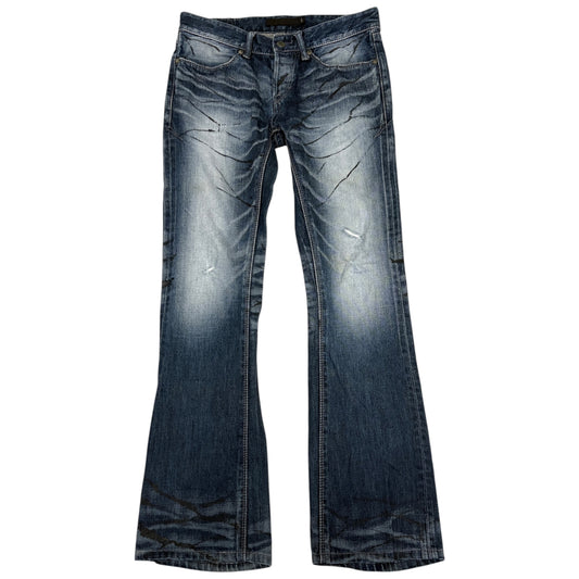 Fuga blue fade wash bootcut denim jeans w/ black claw mark streaking