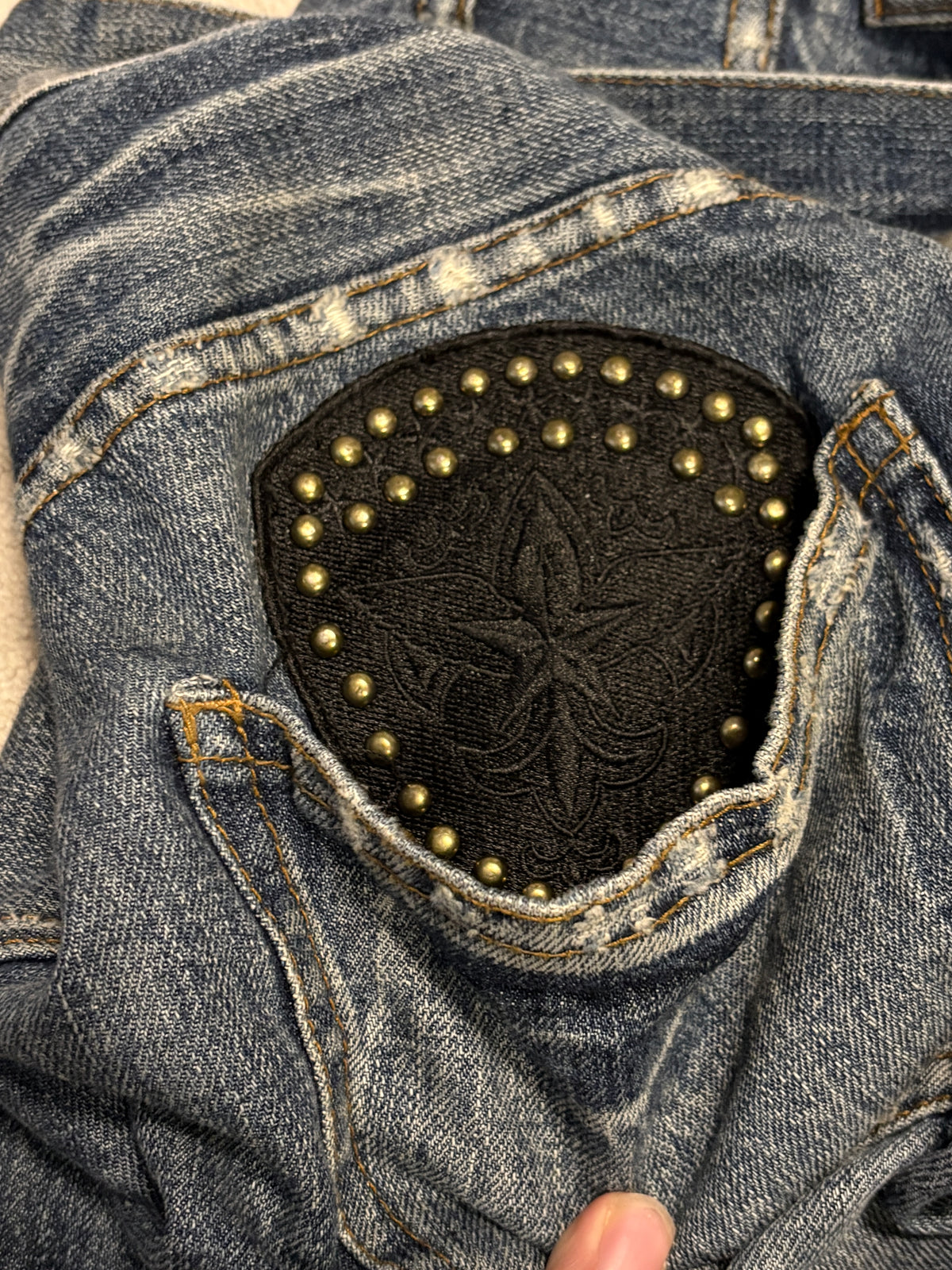Midas blue studded claw mark wash embroided pocket denim jeans
