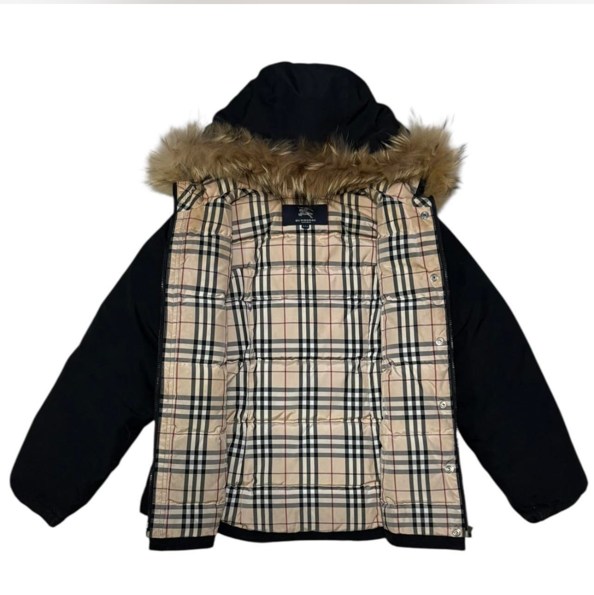 Burberry quilted utility pocket raccoon fur hood down puffer jacket