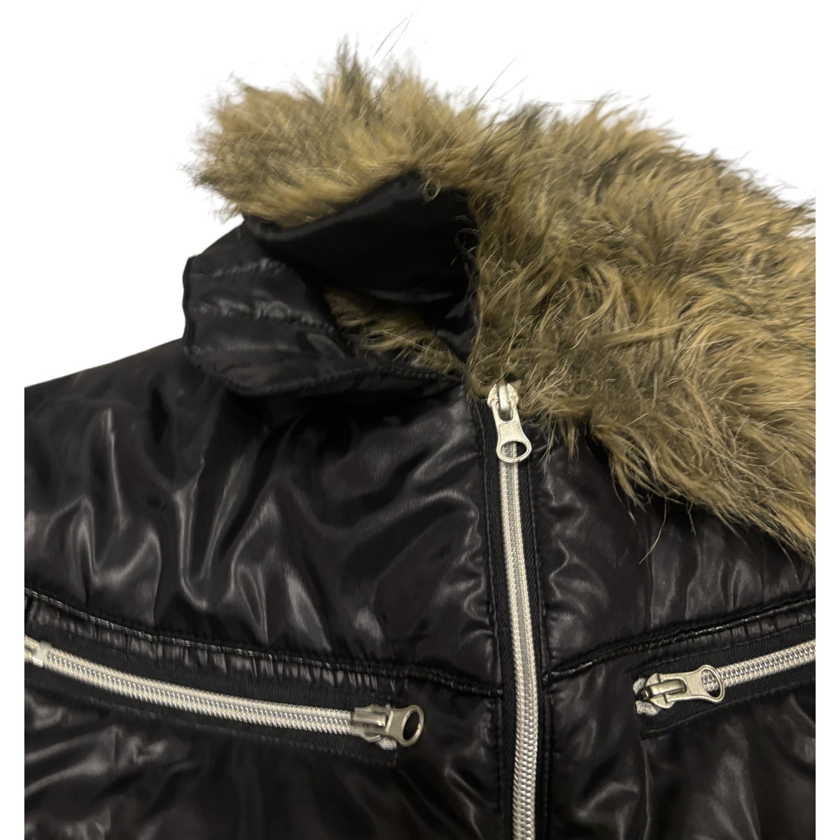 Japanese brand black faux fur 2-way collared puffer jacket
