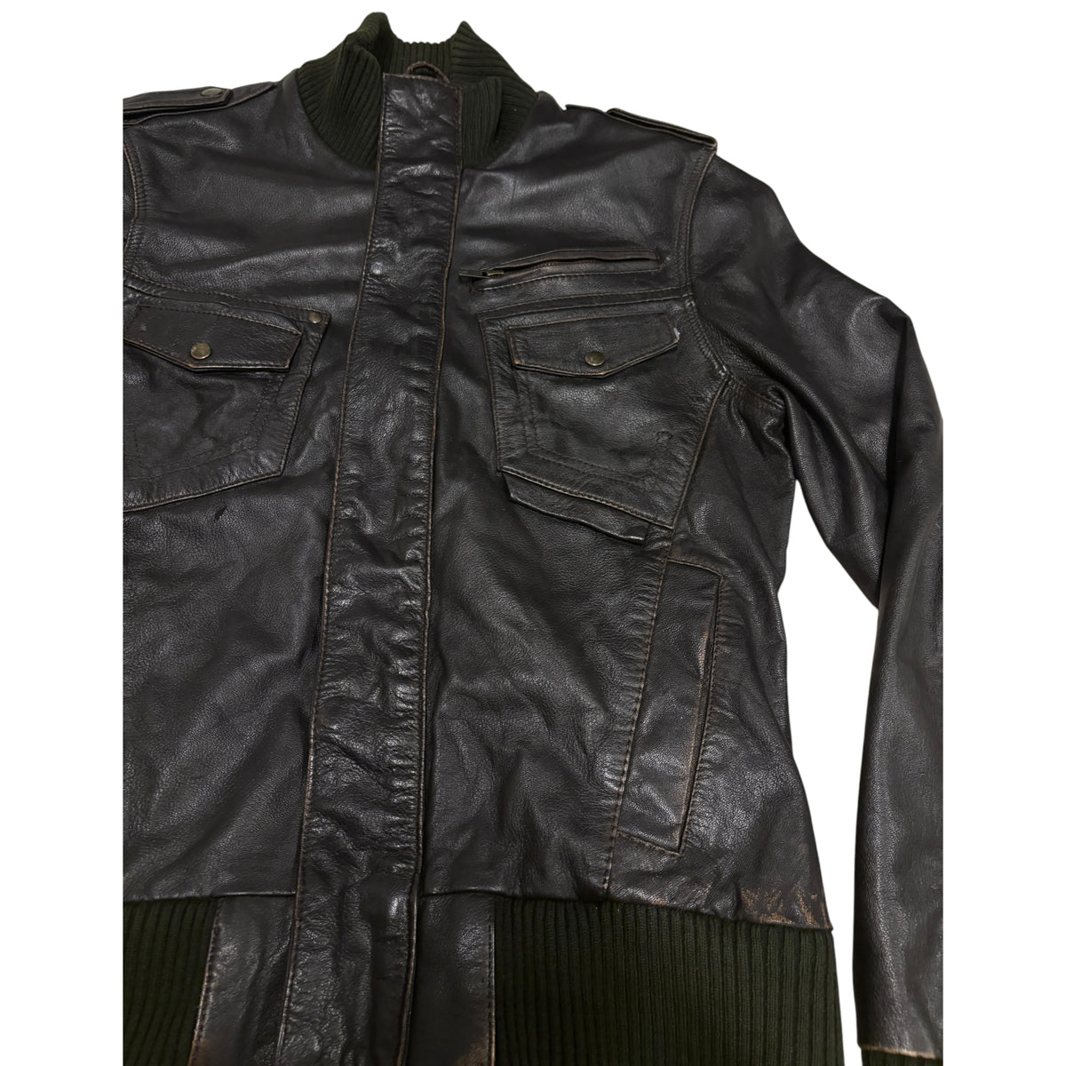 Tom Wolfe black leather biker jacket with green cotton fleece ends