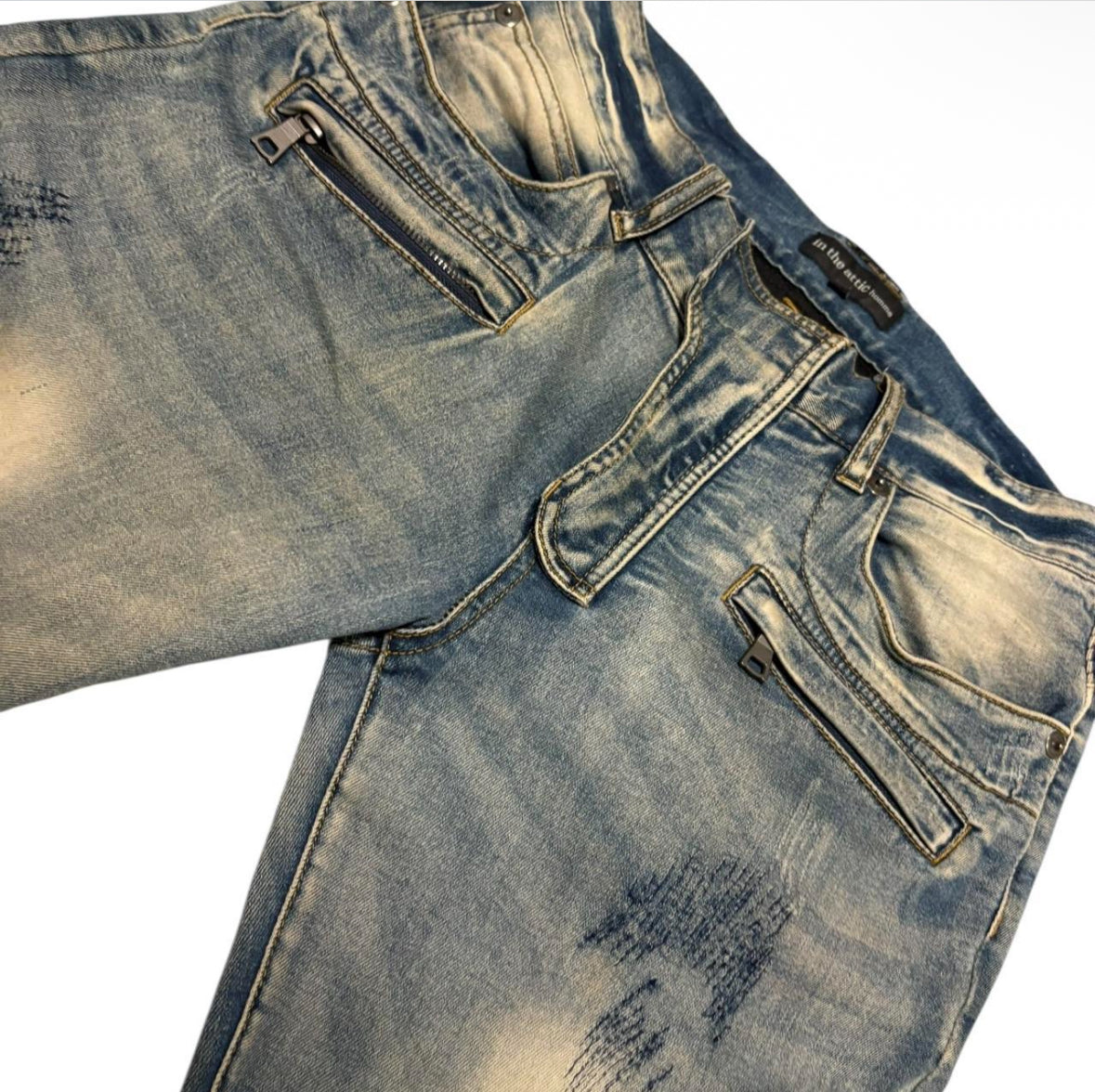 In The Attic blue biker denim detailed lightweight jeans
