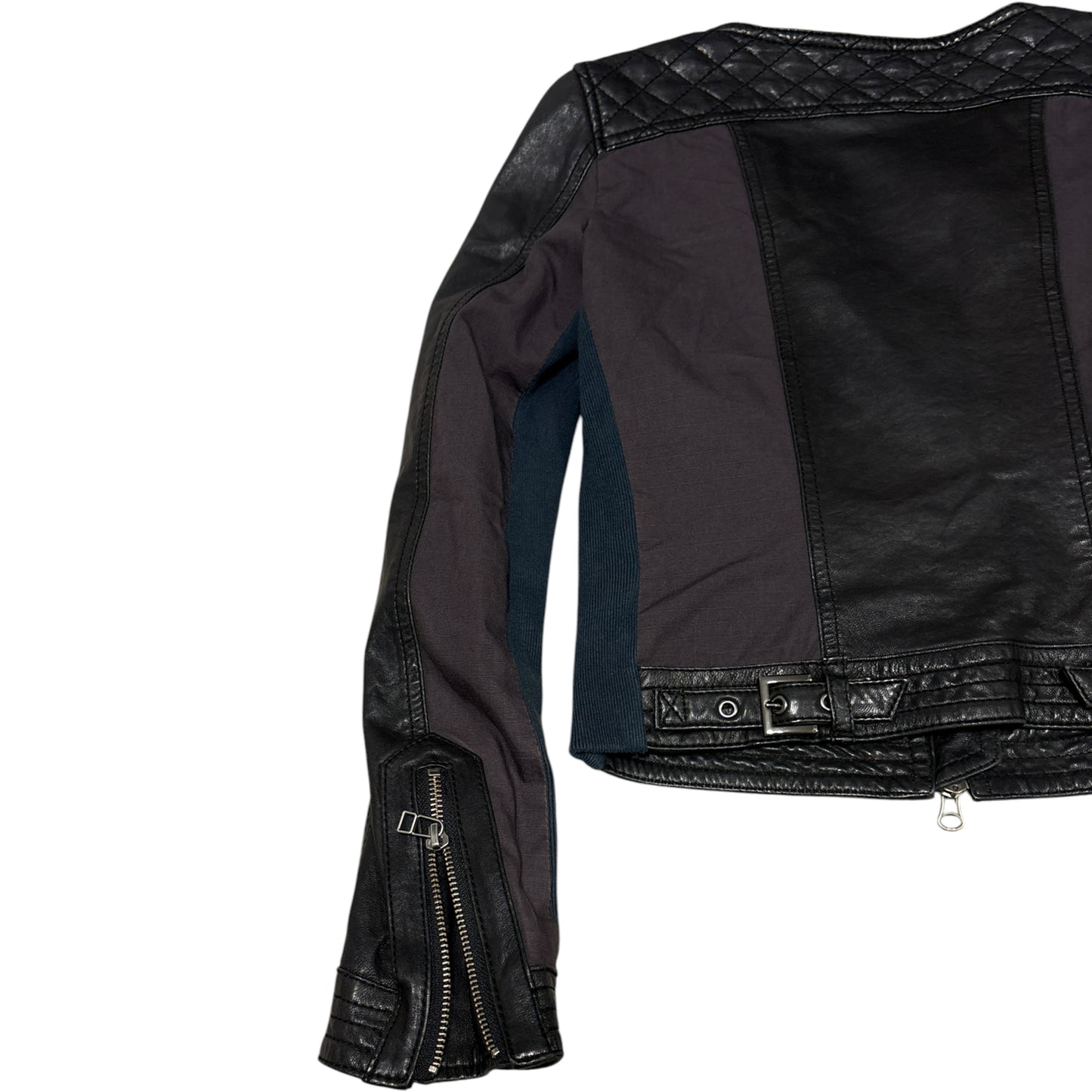 5351 Pour Les Femmes asymmetric cotton ribbed black purple teal lambskin leather jacket