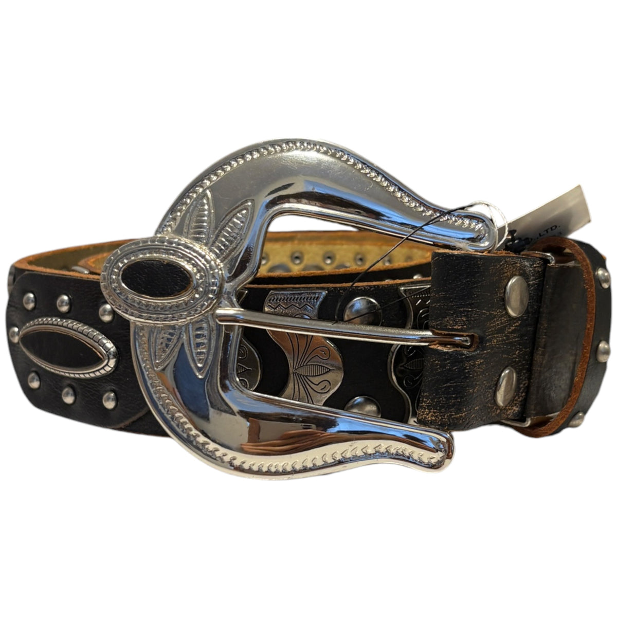 Japanese brand Diavlo studded western cowboy style leather belt w/ metal engravings
