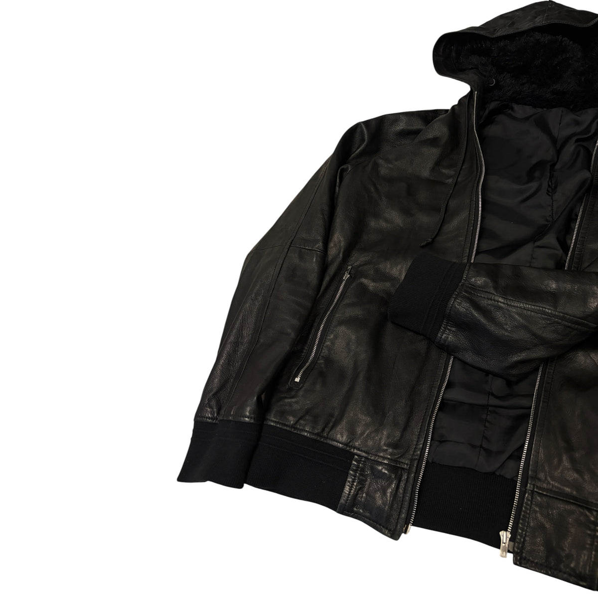 Abahouse black lambskin leather jacket w/ raccoon fur boa lined hood