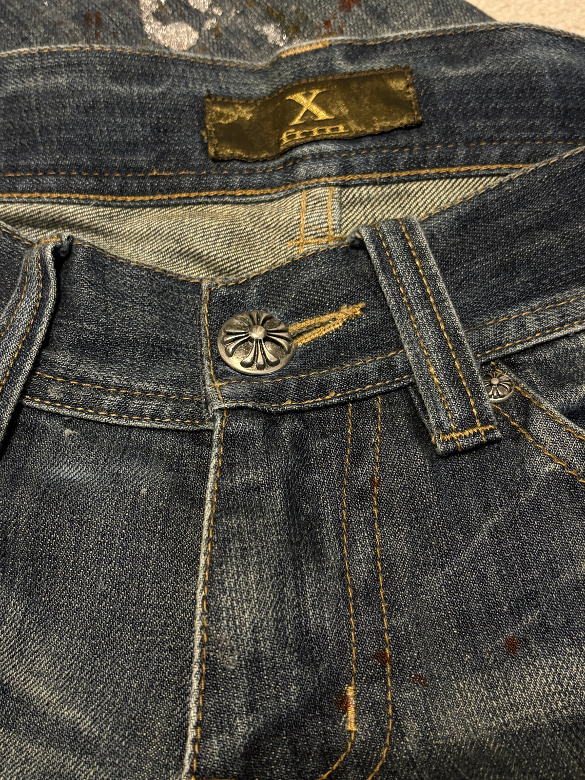Xfrm blue distressed bootcut denim painted shine effect jeans