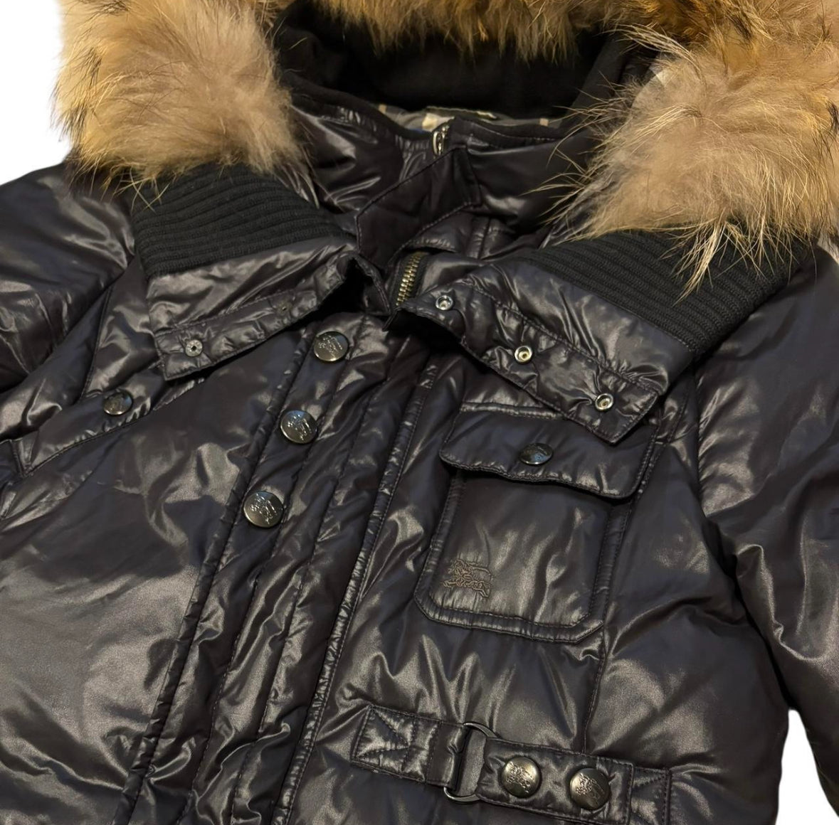 Burberry Blue Label 
raccoon fur hood down puffer jacket