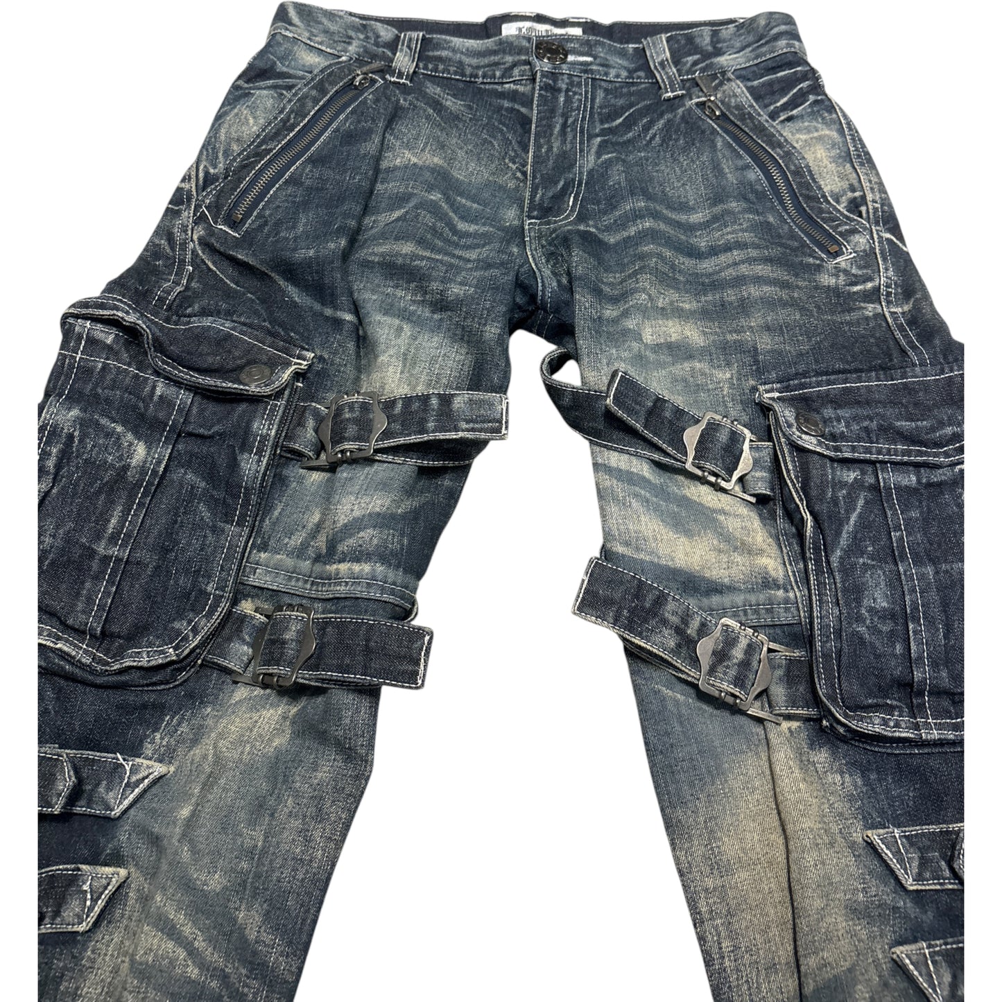 Lowbox blue utility cargo bondage denim jeans