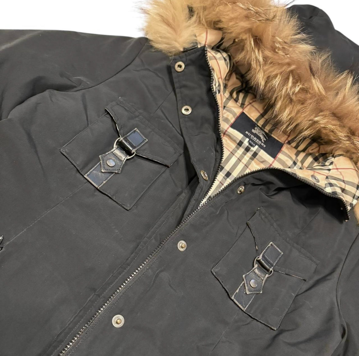 Burberry quilted utility pocket raccoon fur hood down puffer jacket