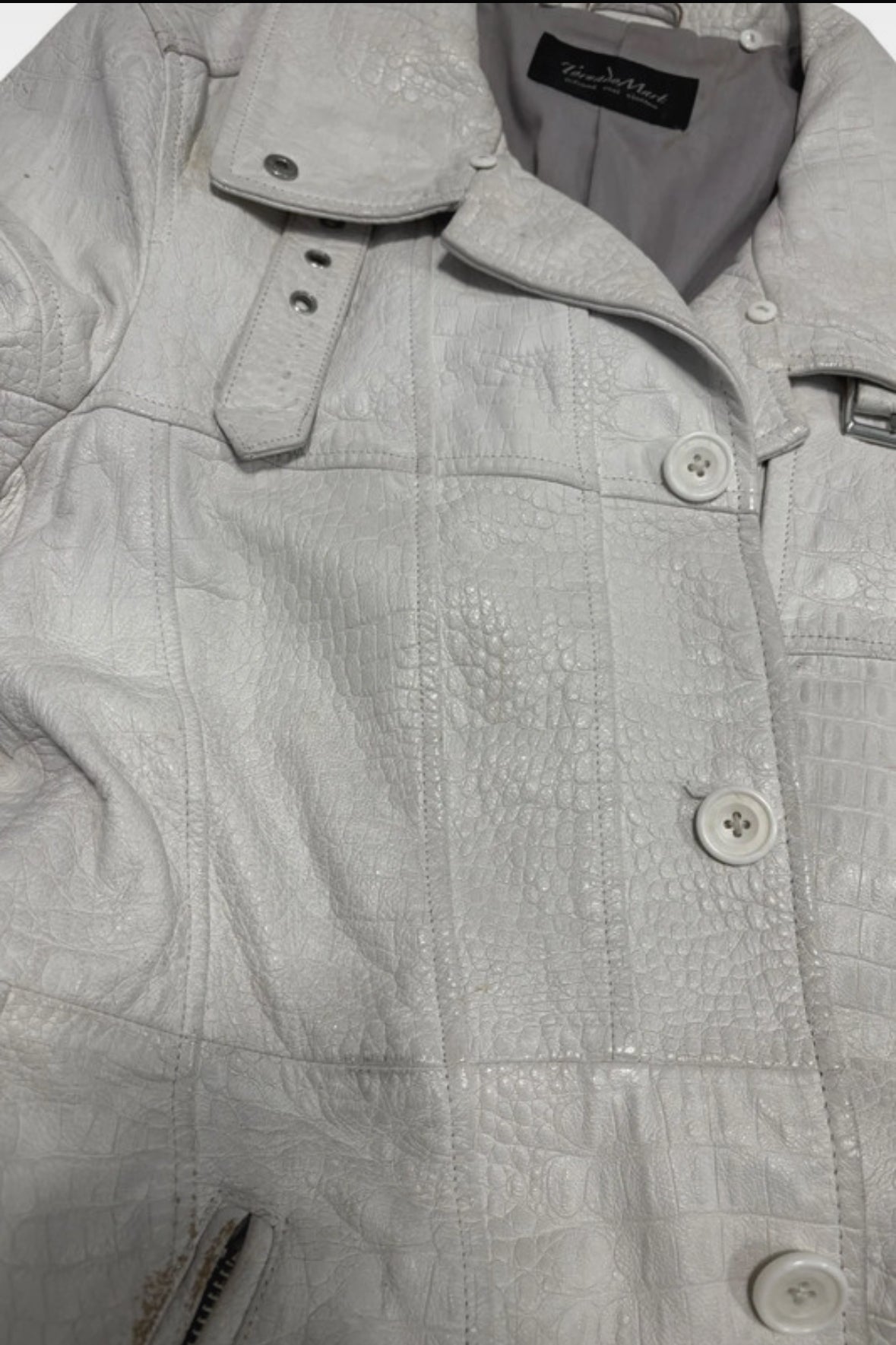 Tornado Mart embossed alligator print white lambskin leather trench coat