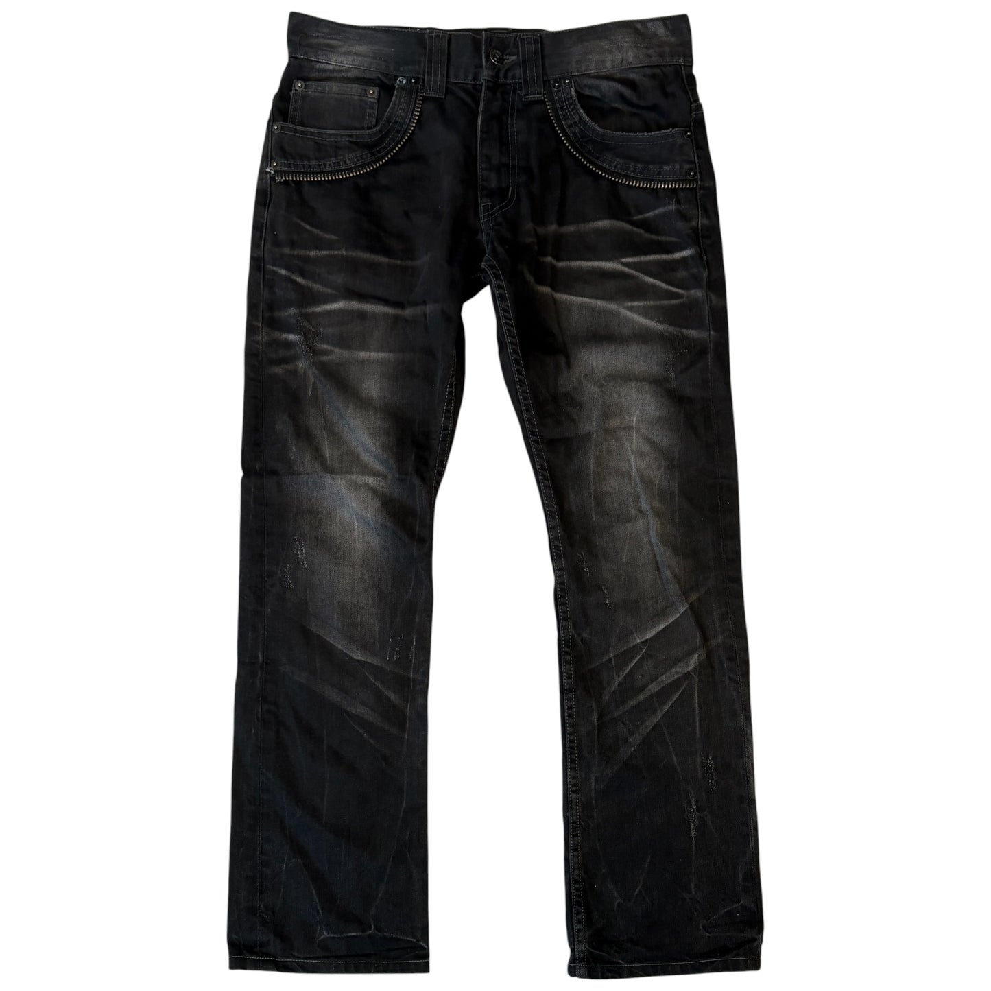 Semantic Design metal skull belt streaked whiskered denim jeans
