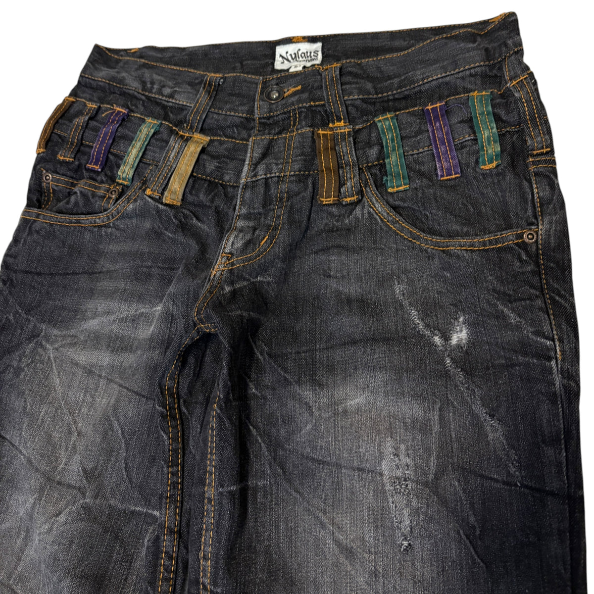 Japanese brand double waisted black grey coloured belt loops straight denim jeans