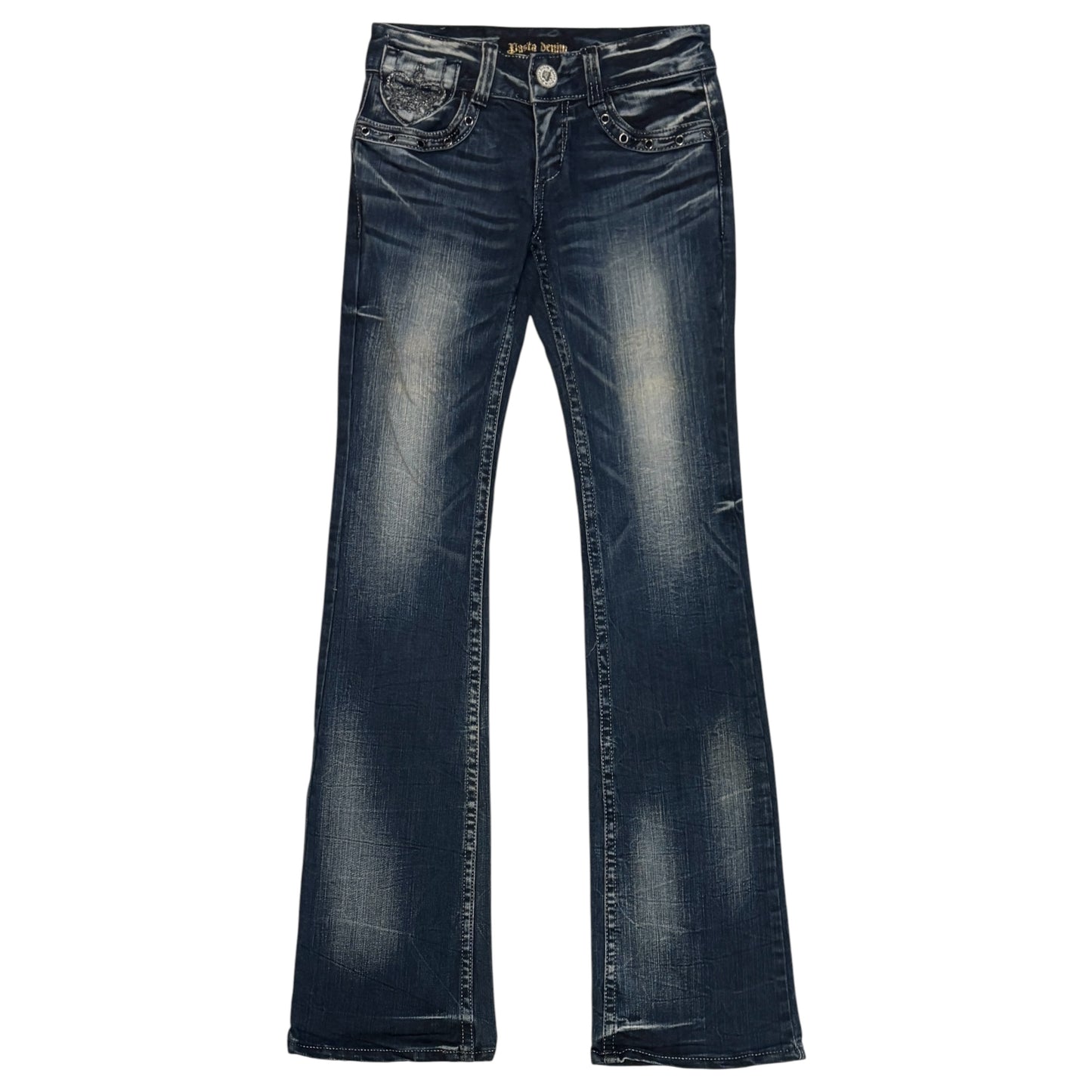 Japanese brand blue fade wash bootcut denim jeans