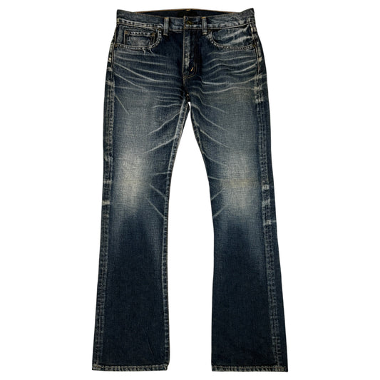 Jun Hashimoto blue fade wash bootcut denim jeans