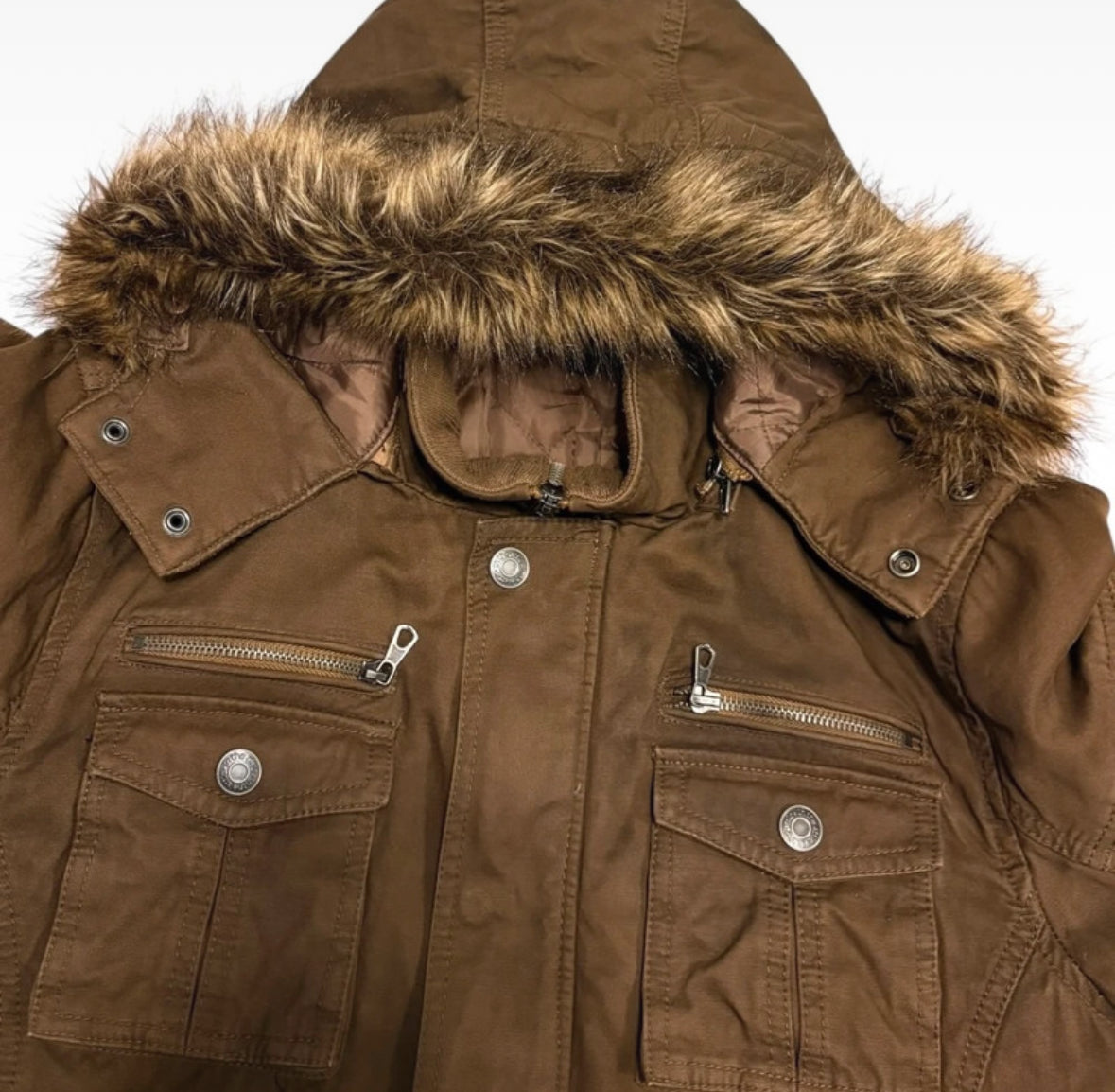 In The Attic brown fur hood brown tactical utility jacket