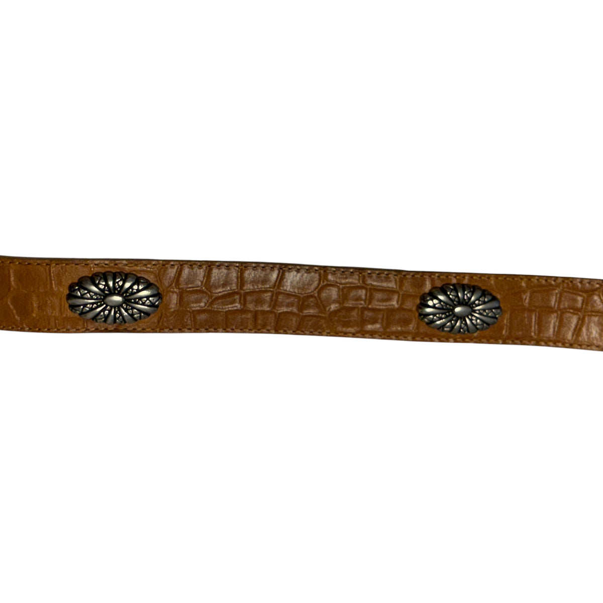 Tornado Mart brown embossed  leather belt w/ metal engraving and white leather detailing