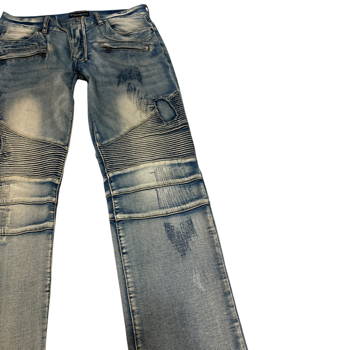 In The Attic lightweight blue distressed biker denim jeans