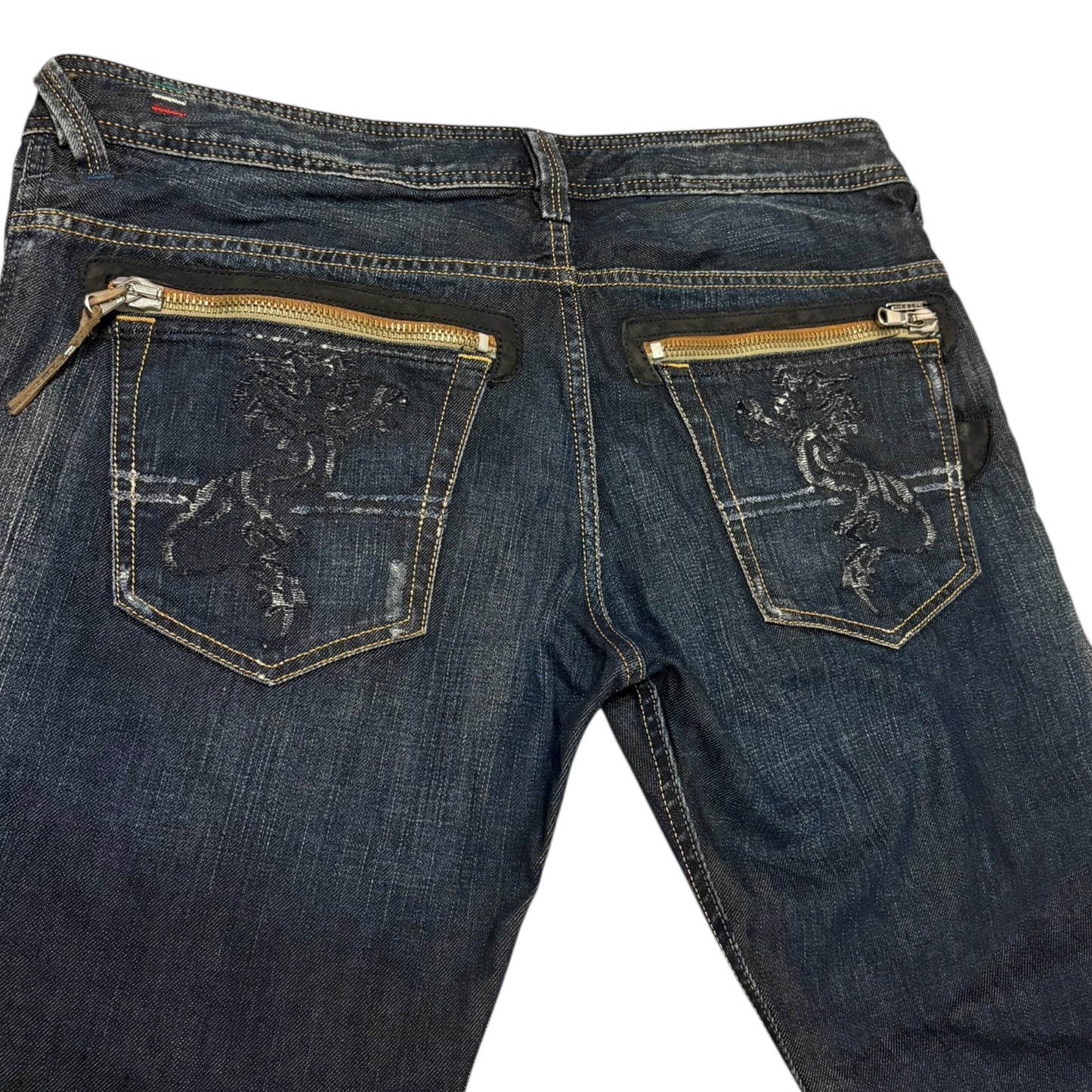 Japanese Diesel Slammer jeans with leather zips & embroidery