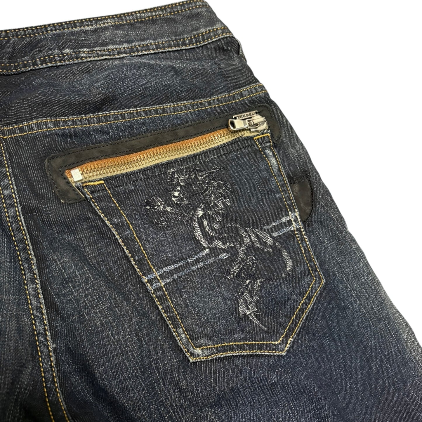 Japanese Diesel Slammer jeans with leather zips & embroidery