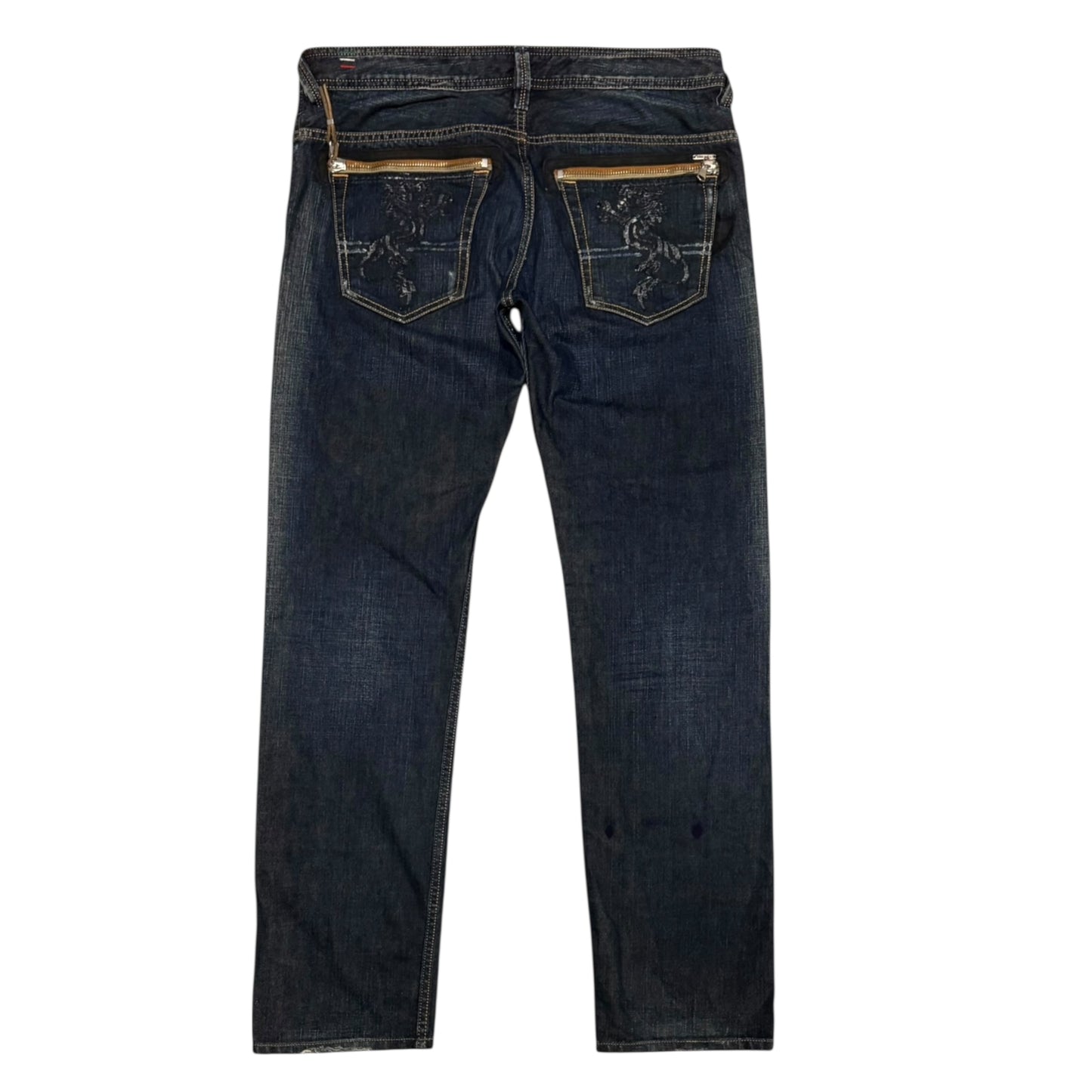 Japanese Diesel Slammer jeans with leather zips & embroidery