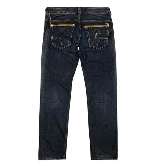 Japanese Diesel Slammer jeans with leather zips & embroidery