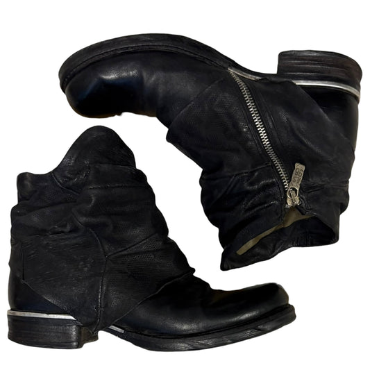 AS98 black leather wrap layered heeled boots with side zipper