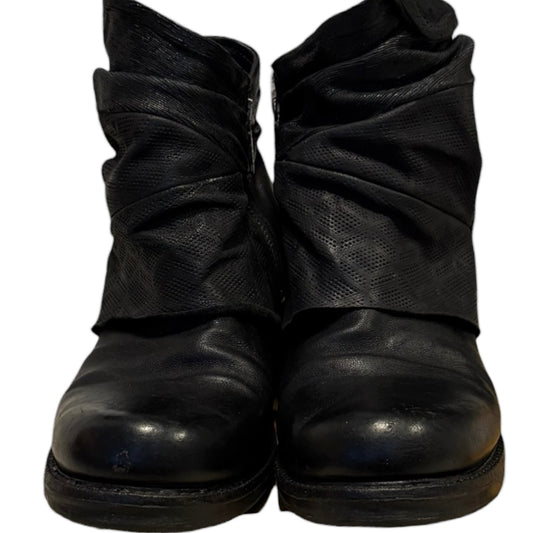 AS98 black leather wrap layered heeled boots with side zipper