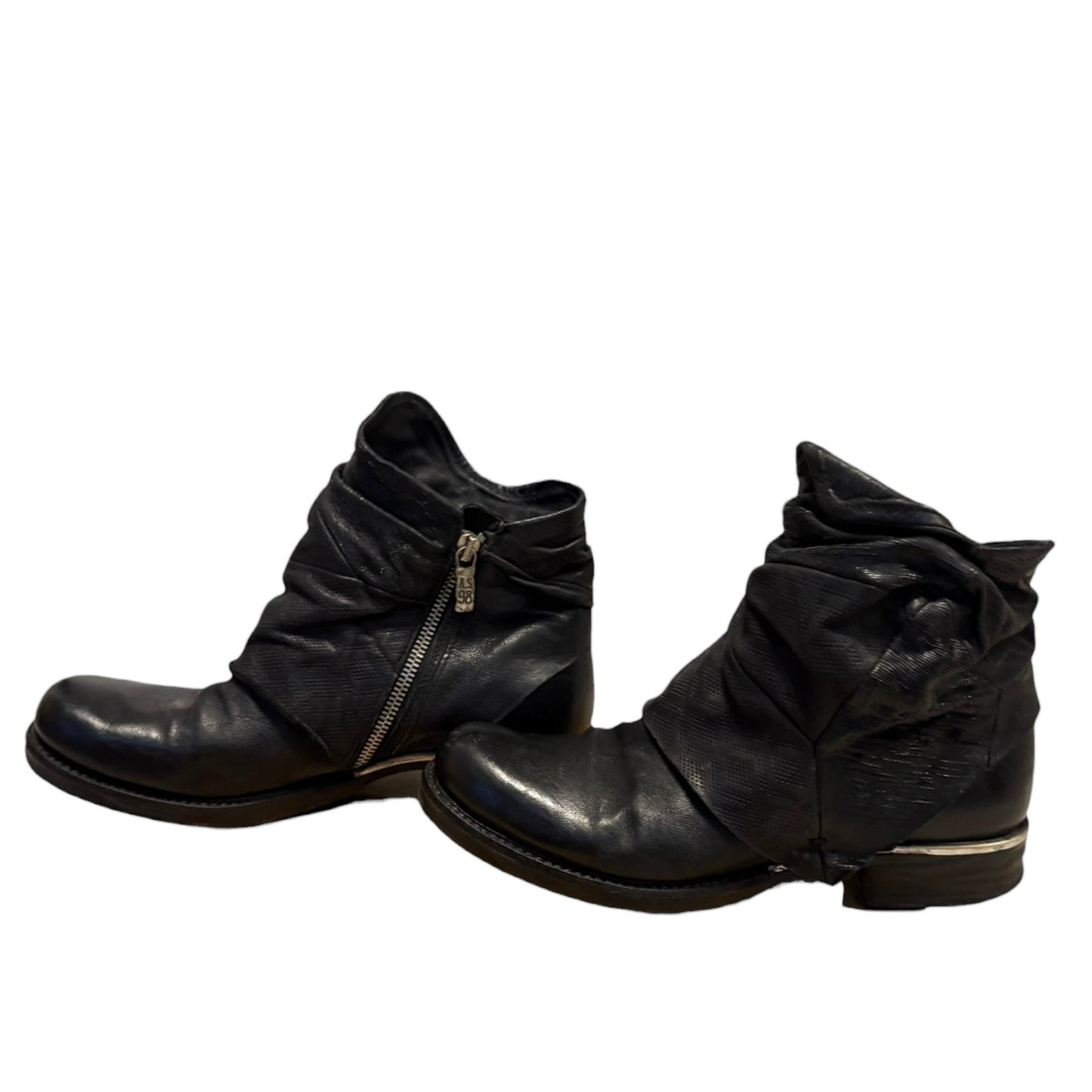 AS98 black leather wrap layered heeled boots with side zipper